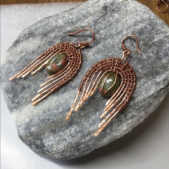 Unakite on copper - art-deco style earrings - Picture 5 of 7